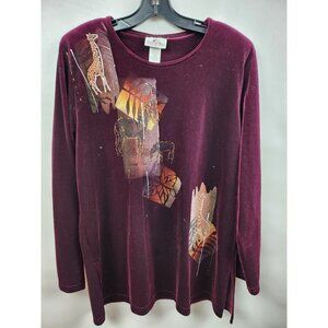VINTAGE Superline Burgundy Velvet Giraffe Applique Long Sleeves Top Large